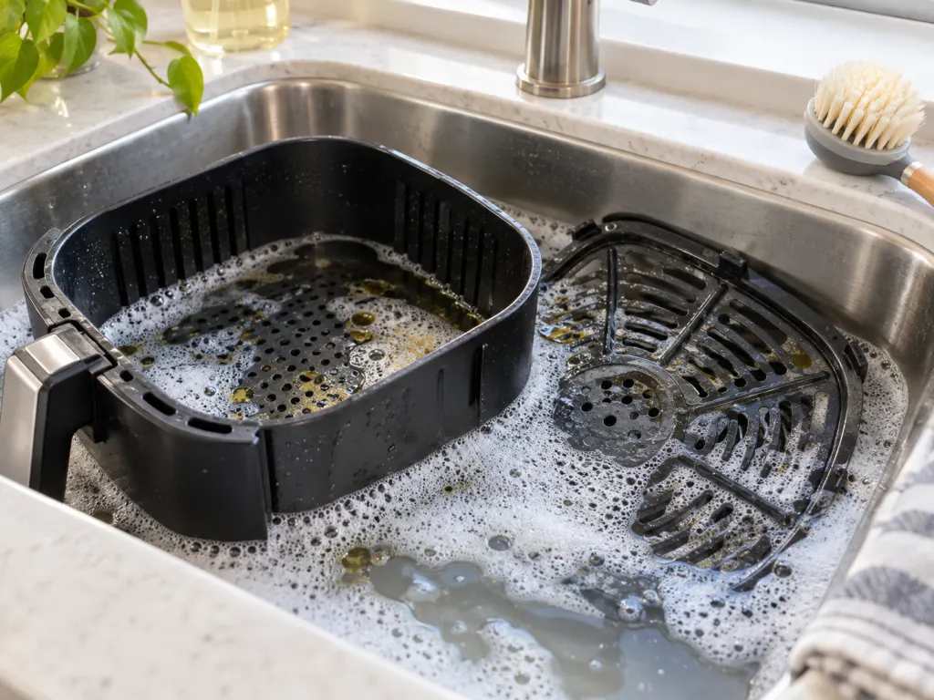 Air fryer basket and tray soaking in warm soapy water with a soft brush nearby.