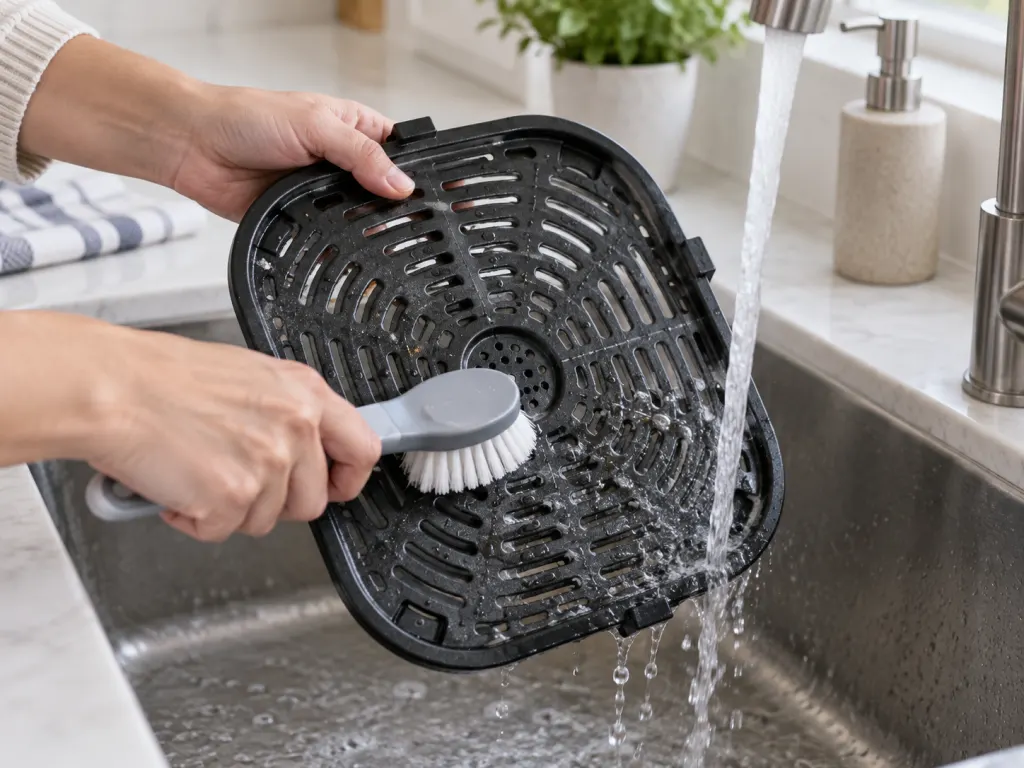 Hands gently cleaning an air fryer crisper plate with a soft non-scratch brush.