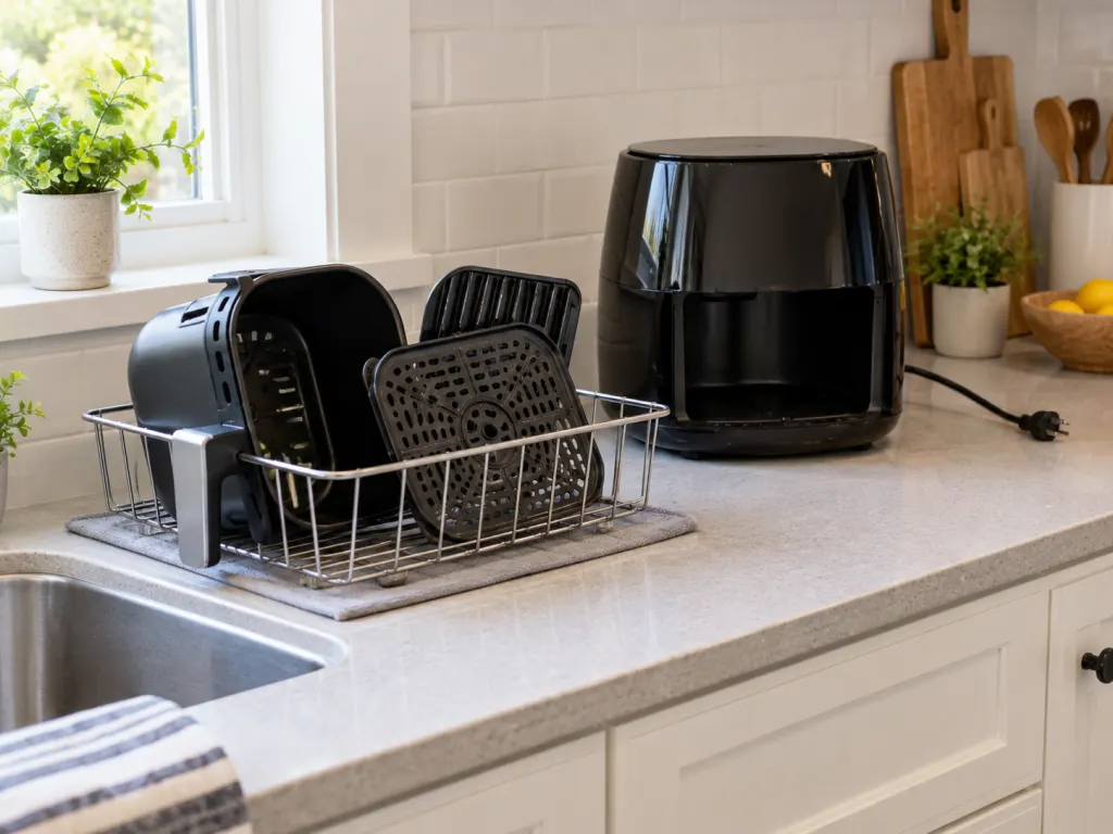 Clean air fryer parts drying on a rack beside an unplugged air fryer base.