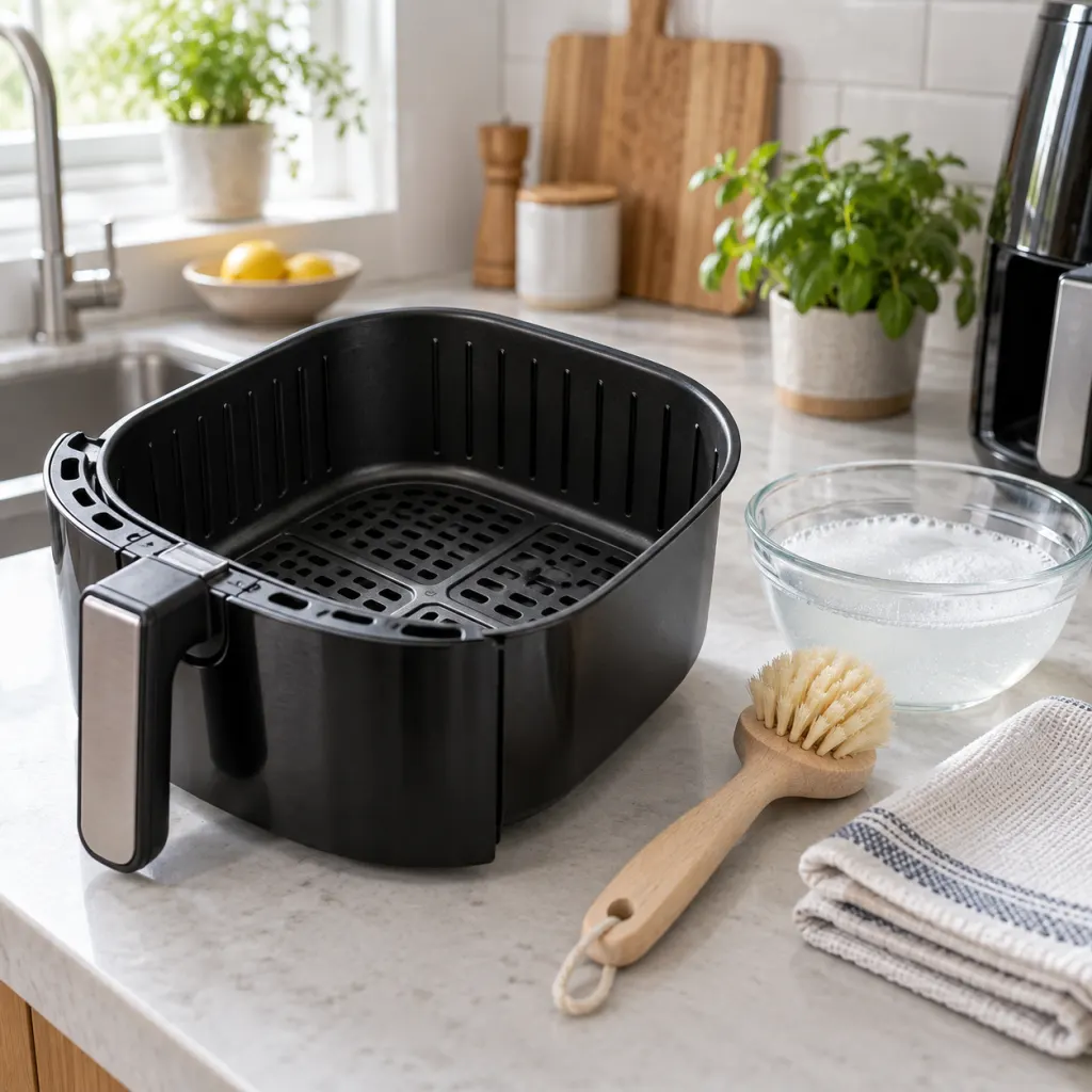 Clean air fryer basket with a brush, cloth, and bowl of warm soapy water on a kitchen counter.