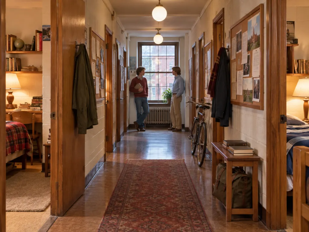 A 1970s college dorm hallway with two students talking in the distance.
