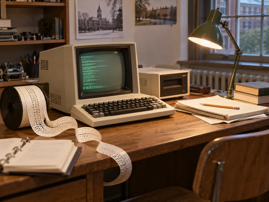 An early personal computer workspace with a keyboard, paper tape, notes, and a desk lamp.