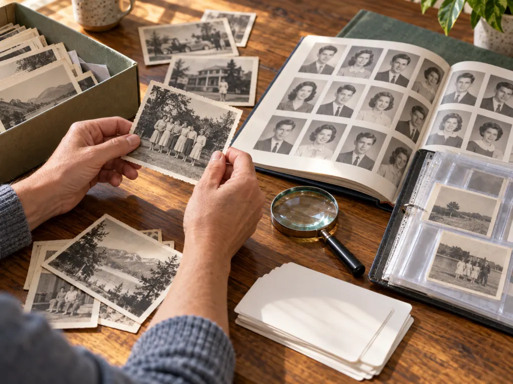 Hands sorting old photographs and archive sleeves on a table with a magnifying glass.