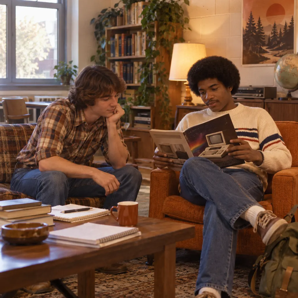 Illustration of two college students in a 1970s common room with notebooks and a computer magazine.