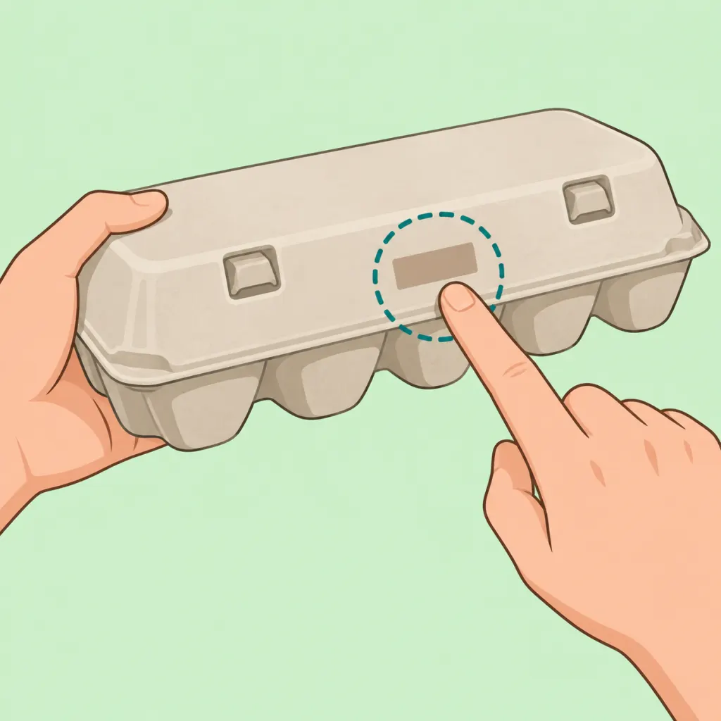Hands pointing to the code panel on an egg carton.