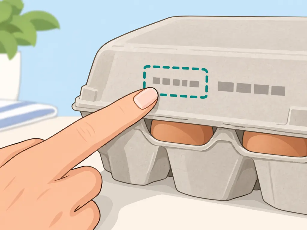 A finger pointing to the pack date area on an egg carton.
