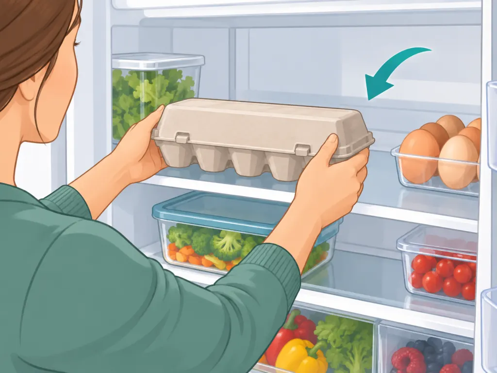 A person storing eggs in their carton in the refrigerator.