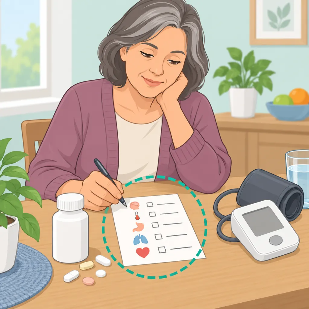 Person reviewing amlodipine side effects with a checklist and blood pressure cuff.