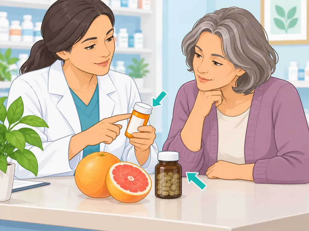 Patient asking a pharmacist about medicines, alcohol, and grapefruit.