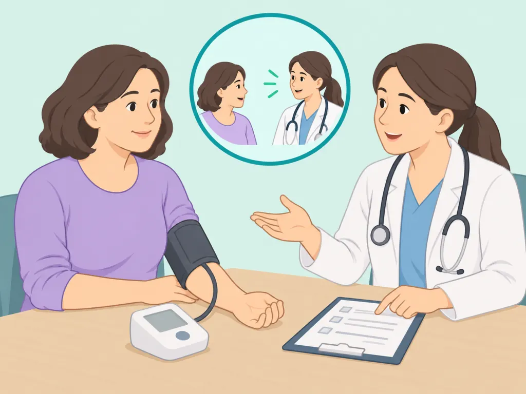 Patient discussing follow-up and side effect reporting with a clinician.