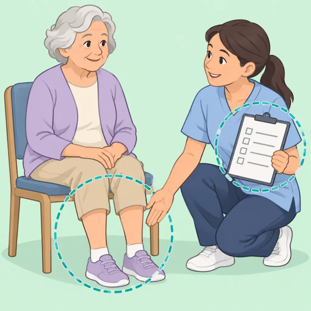 Older adult discussing weak legs with a health professional.