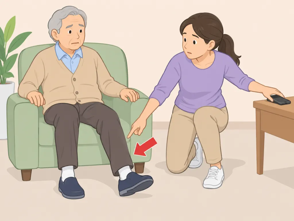 Caregiver getting help for sudden leg weakness in an older adult.