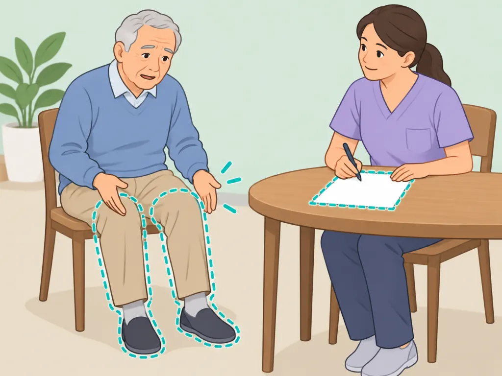 Older adult describing leg weakness patterns while symptoms are recorded.