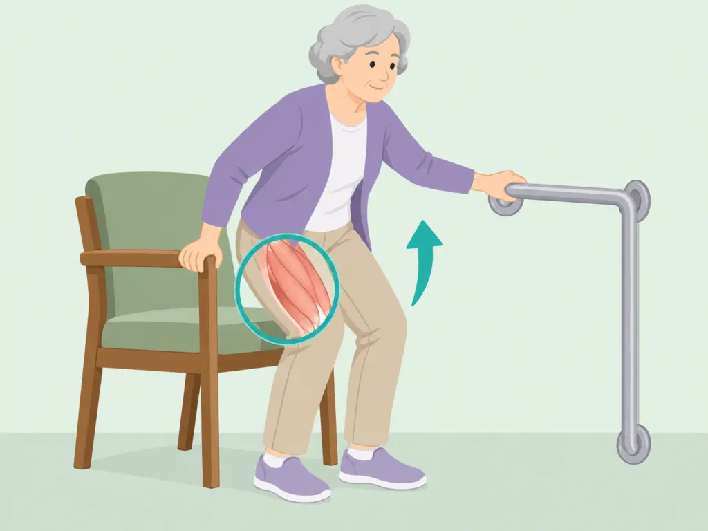 Older adult comparing leg strength during a chair rise.