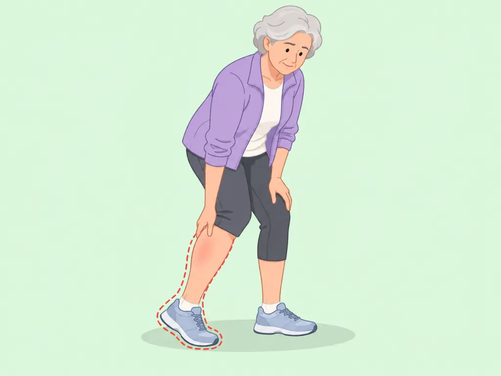 Older adult noticing leg discomfort during walking.