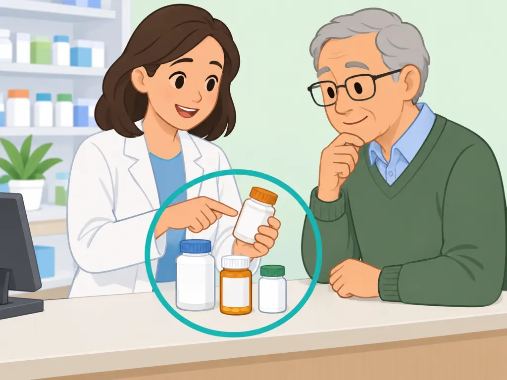 Older adult reviewing medicines with a pharmacist.