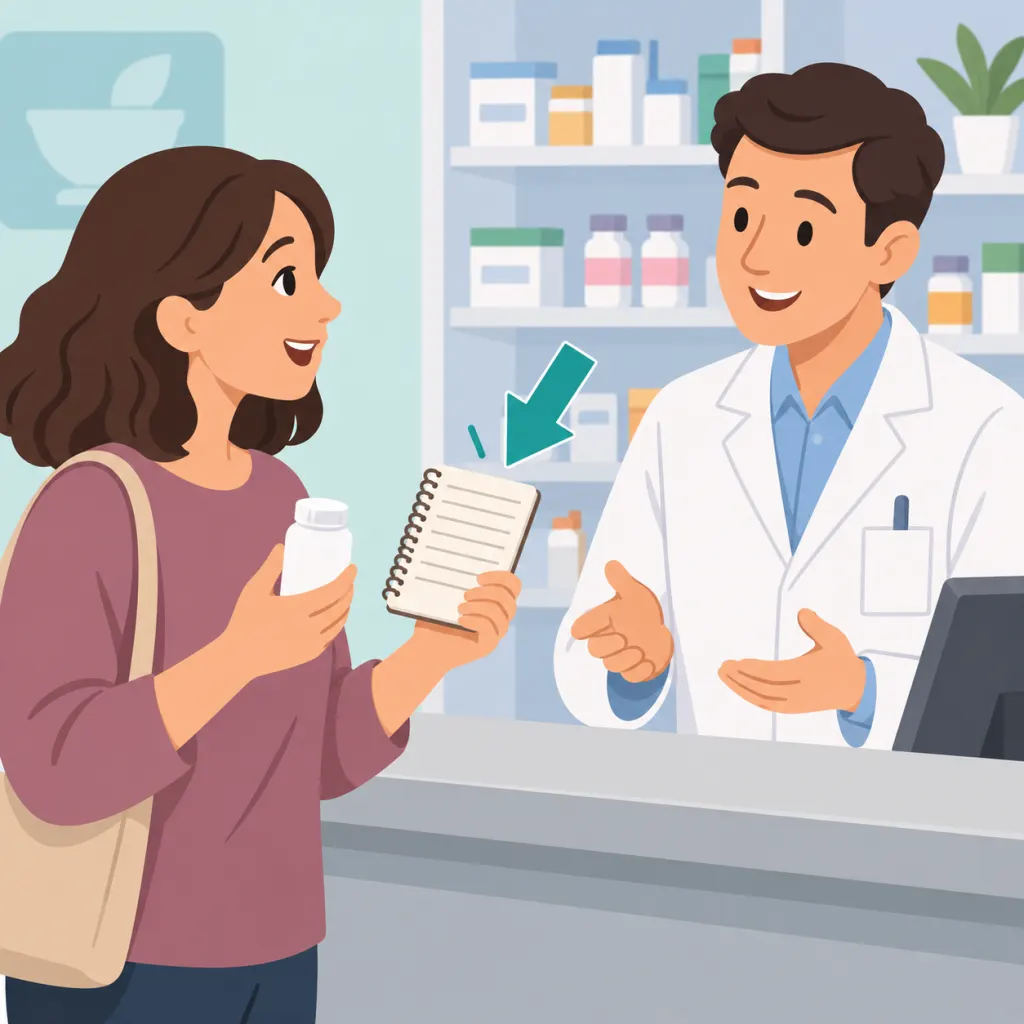 Illustration of a person reviewing metoprolol side effects with a pharmacist and a symptom notebook.