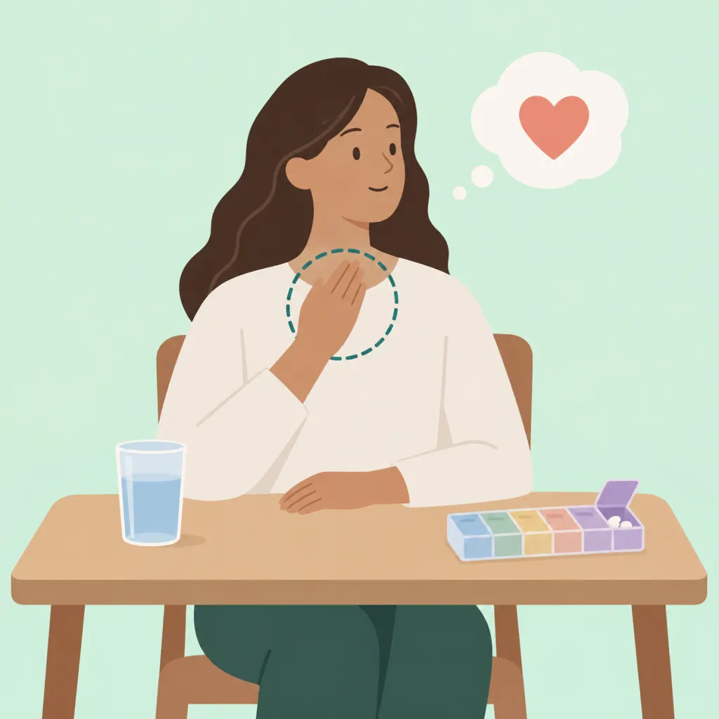 Illustration of a person checking their pulse at a table with water and a pill organizer, representing awareness of medication side effects.