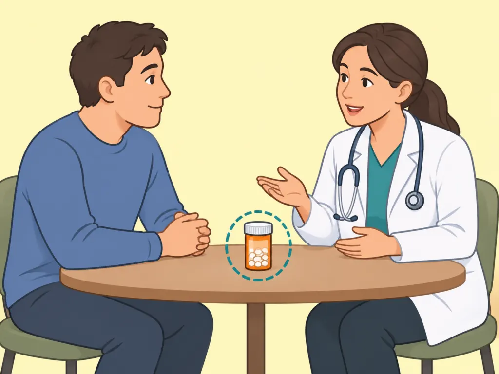 Illustration of a person talking with a doctor about their medication before making any changes.