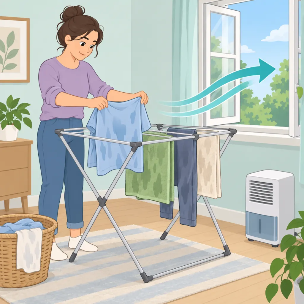 Person drying laundry indoors with ventilation and a dehumidifier to reduce humidity.