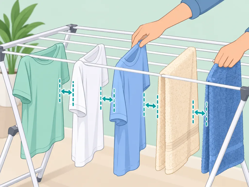 Clothes spaced apart on a drying rack for better airflow.