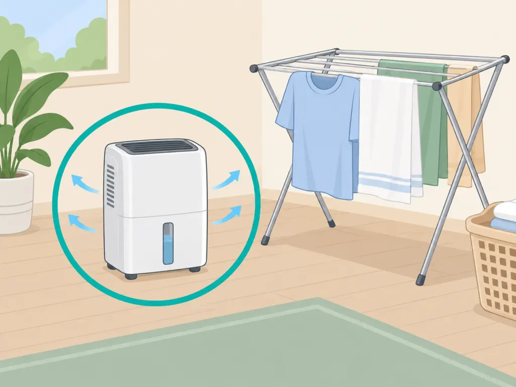 Dehumidifier placed near indoor laundry to remove moisture from the room.