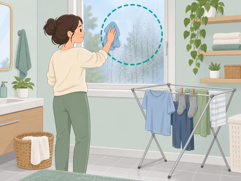 Person wiping condensation from a window near indoor laundry.