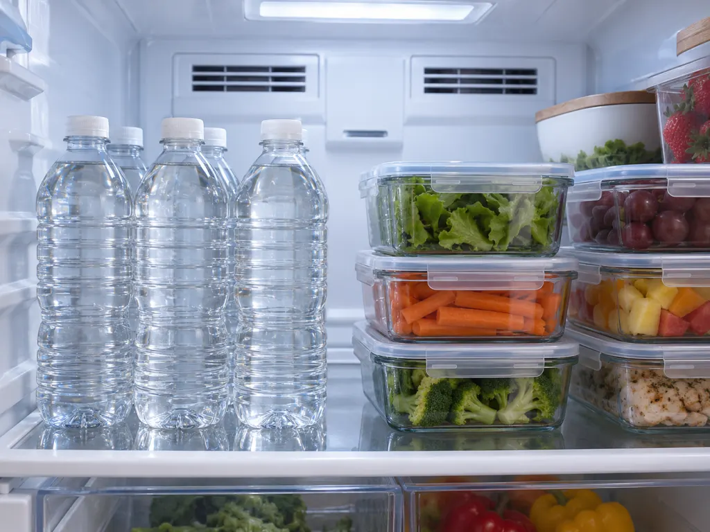 Sealed water bottles placed neatly in open refrigerator space without blocking vents.