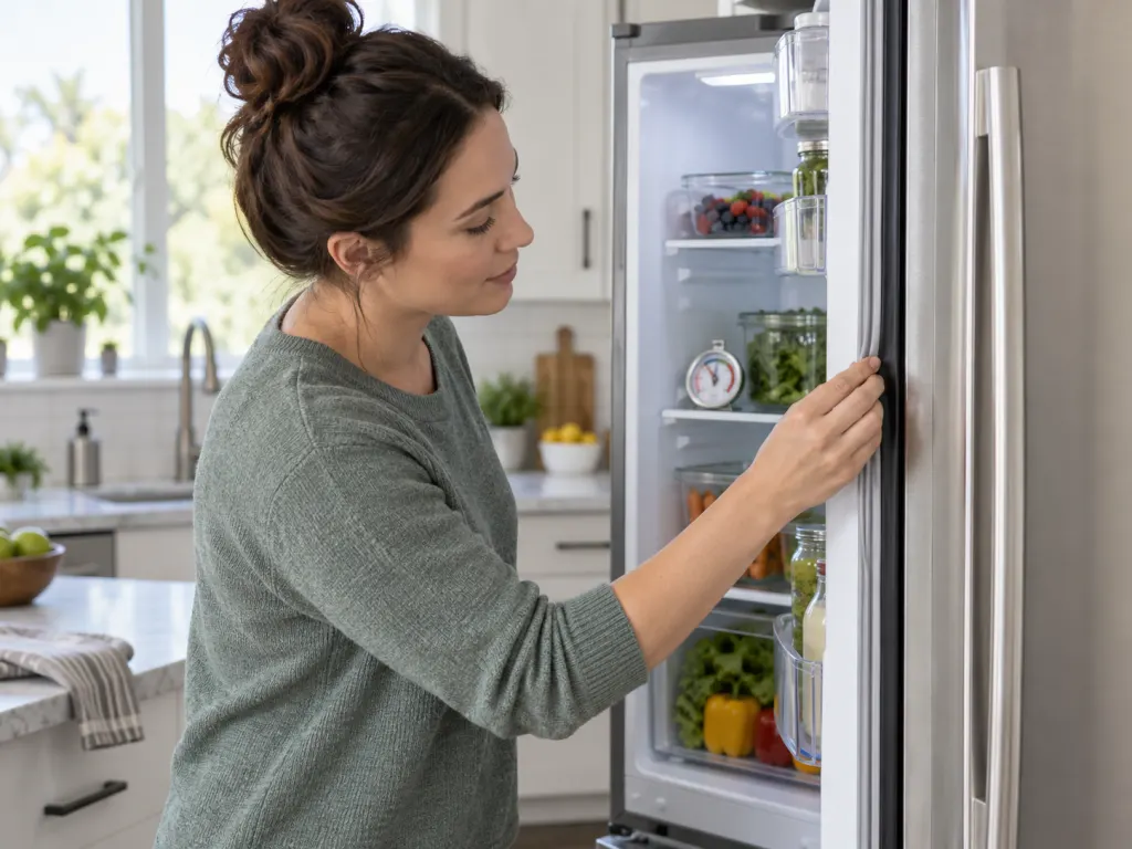 A hand checks a refrigerator door seal while a thermometer sits inside.