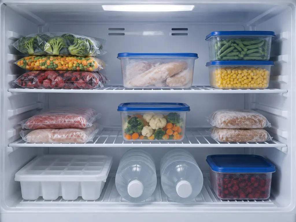 A freezer arranged with food and sealed water containers while leaving airflow space.