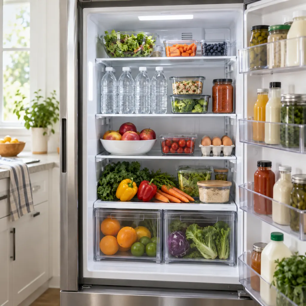 A tidy refrigerator with sealed water bottles filling empty shelf space.