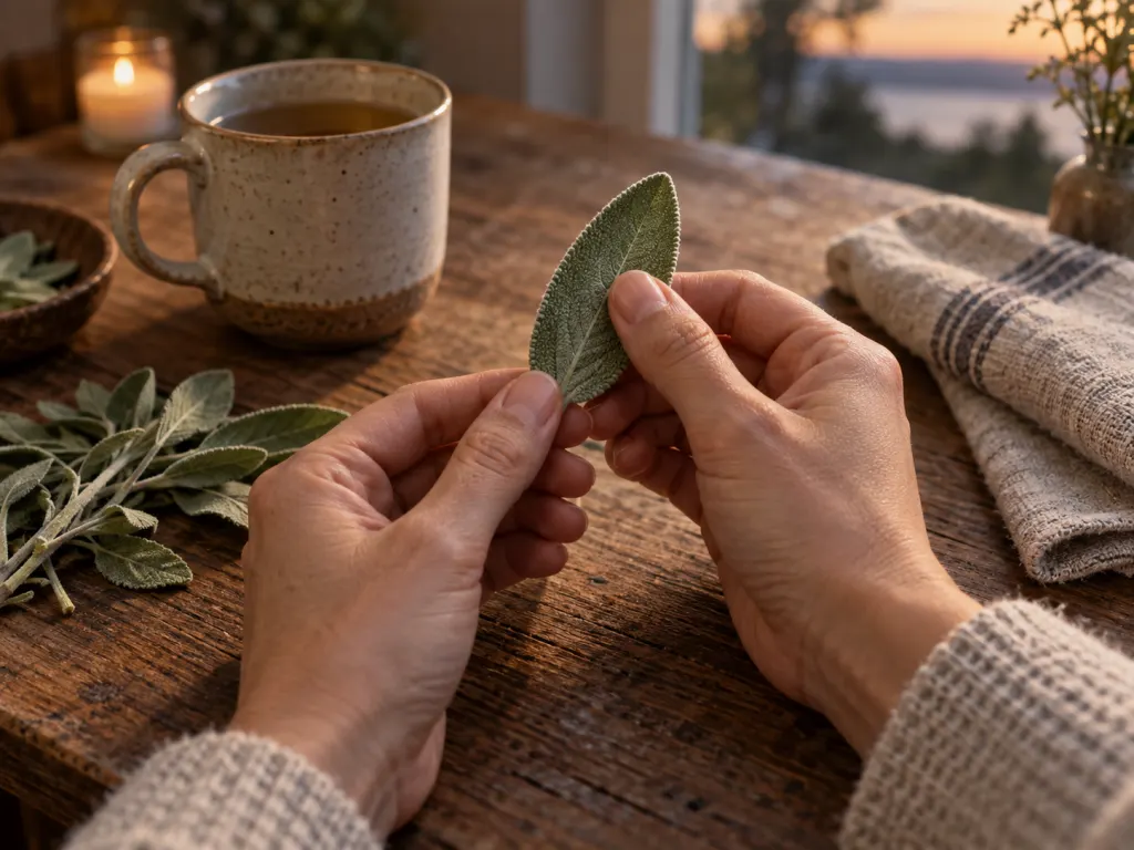Hands rubbing a sage leaf beside a mug and folded linen.
