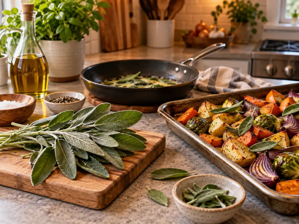 Fresh sage beside roasted vegetables and a pan in a tidy kitchen.