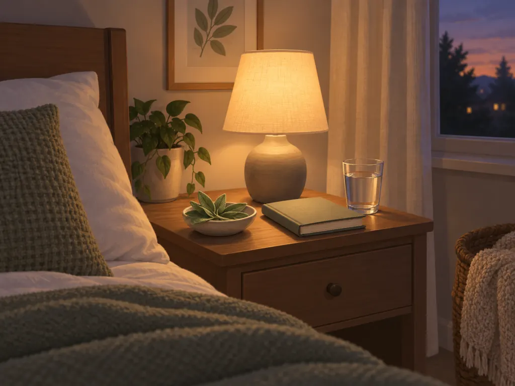A dim bedside table with sage leaves, a book, and a glass of water.