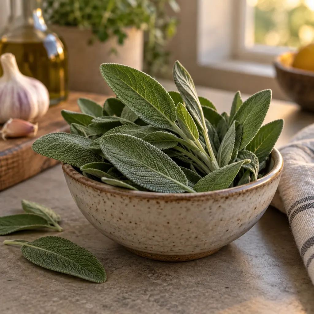 Fresh sage leaves in a small bowl on a calm kitchen counter.