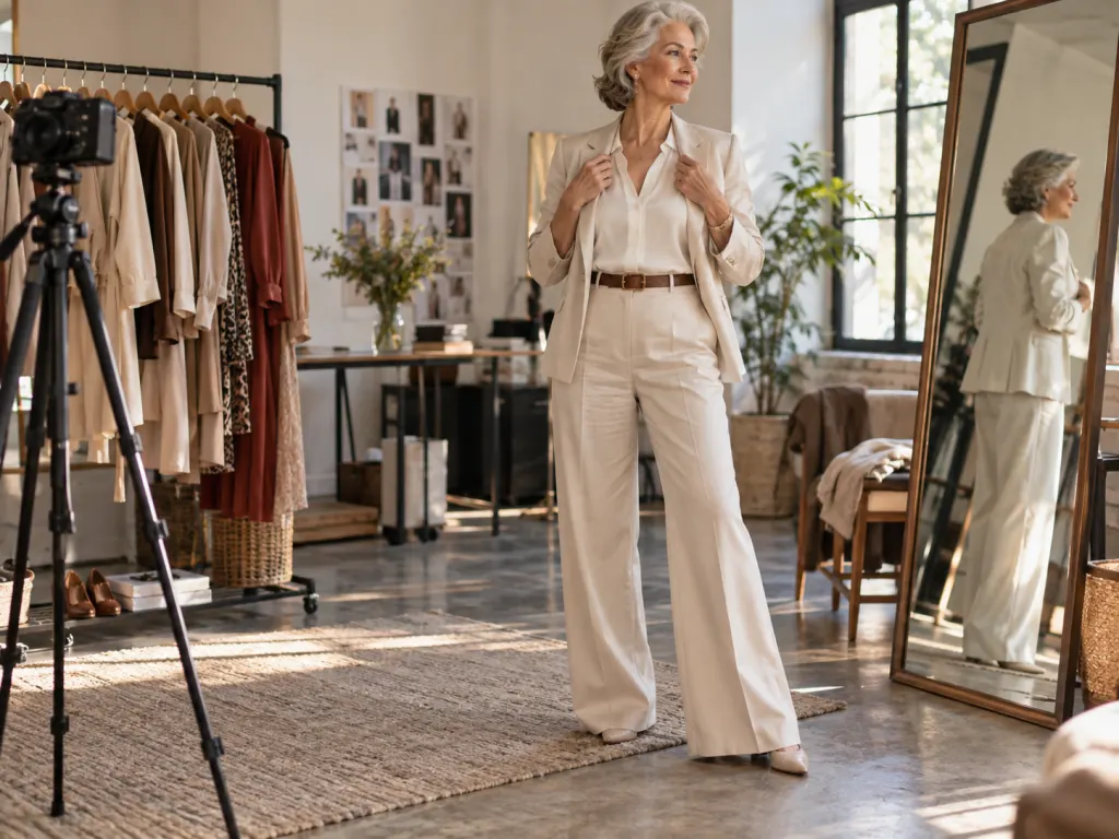 Older model preparing in a calm fashion studio with clothes, mirror, and camera equipment