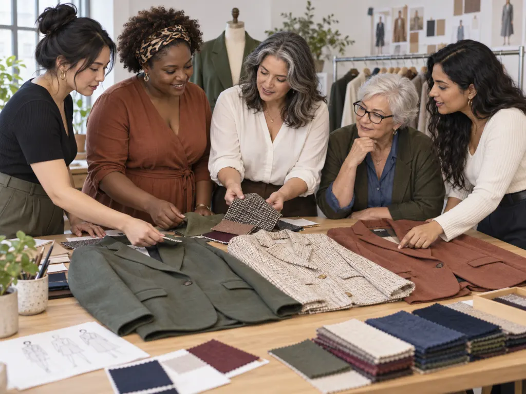 Women of different ages looking at fabric swatches and jackets around a fashion worktable