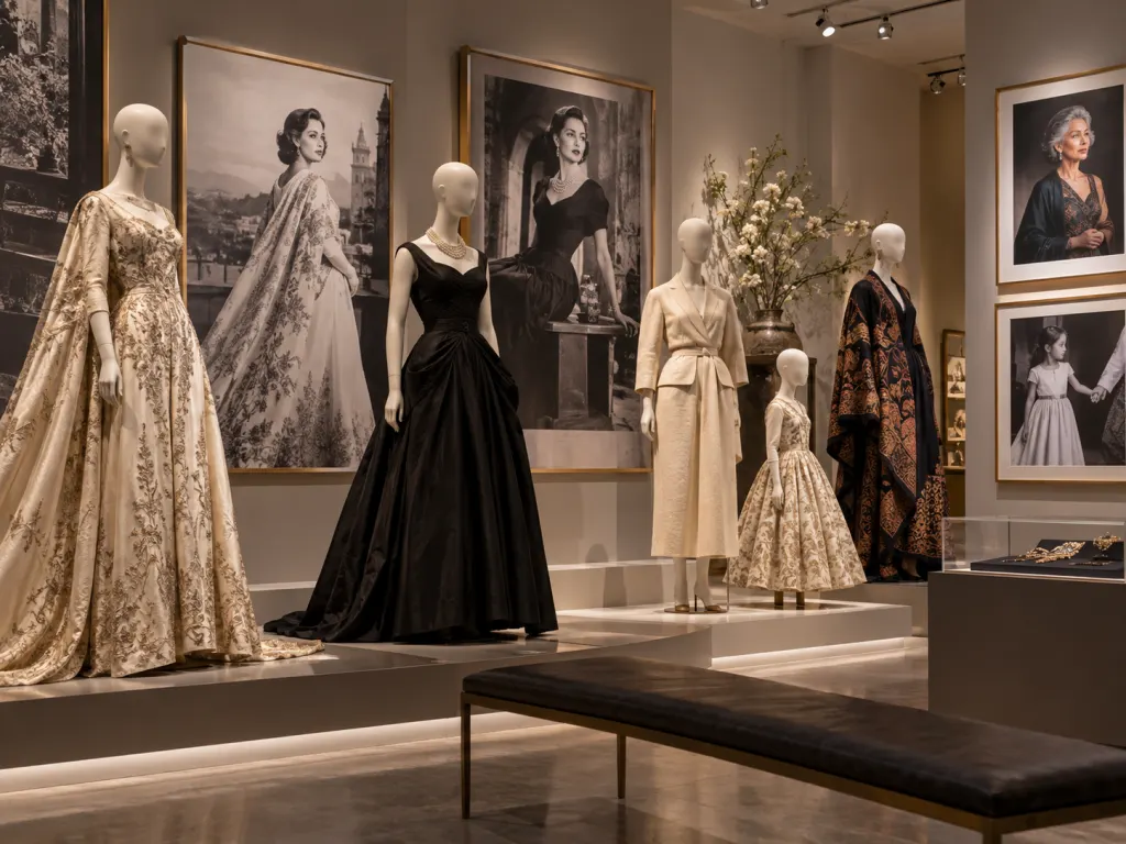 Gallery display of elegant garments and fashion photographs celebrating mature style