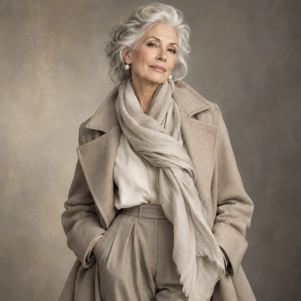 Elegant older woman with silver hair standing confidently in a softly lit fashion studio