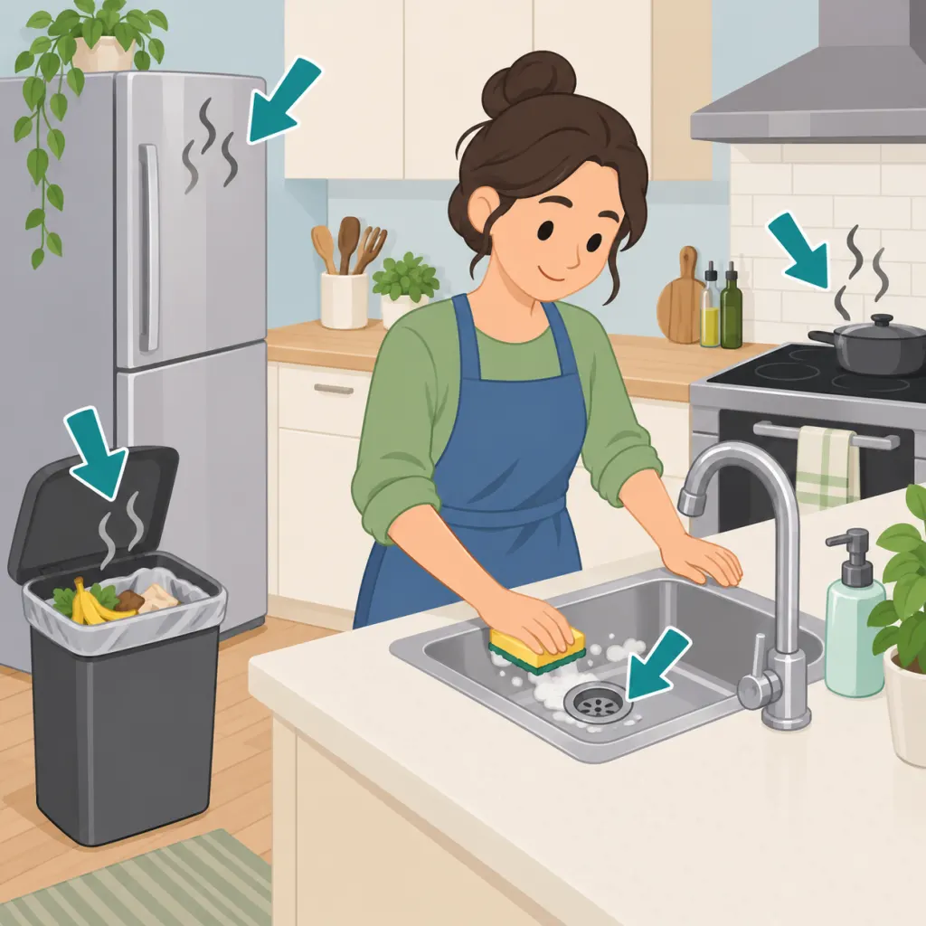 Person cleaning common kitchen odor sources including the sink, trash, refrigerator, and stovetop.