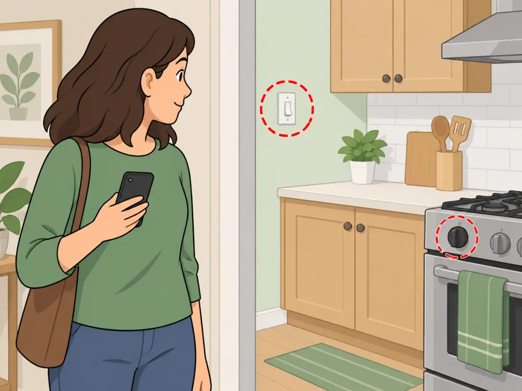 Person leaving the kitchen and avoiding switches when a gas-like smell is suspected.