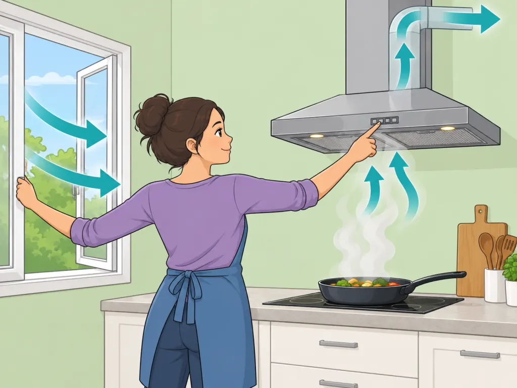 Person ventilating the kitchen while cooking odors clear from the stove.