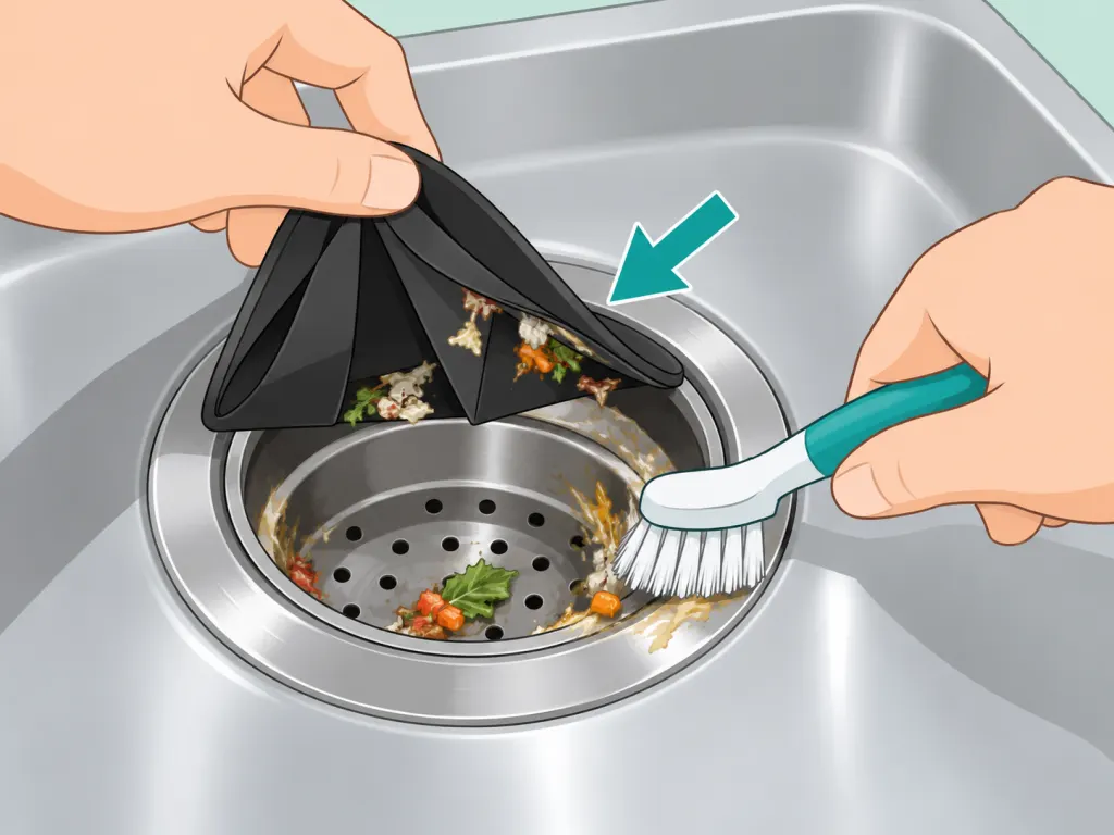 Hands cleaning the sink strainer and garbage disposal guard.