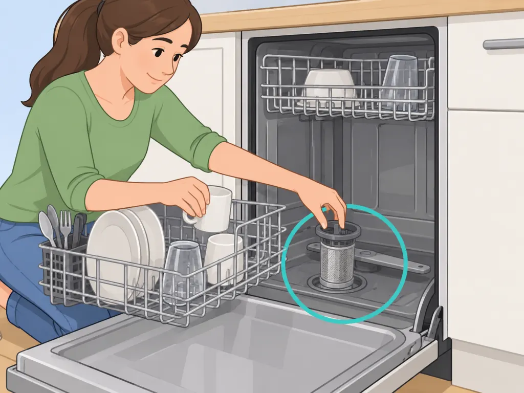 Person cleaning the dishwasher filter before running an odor-cleaning cycle.