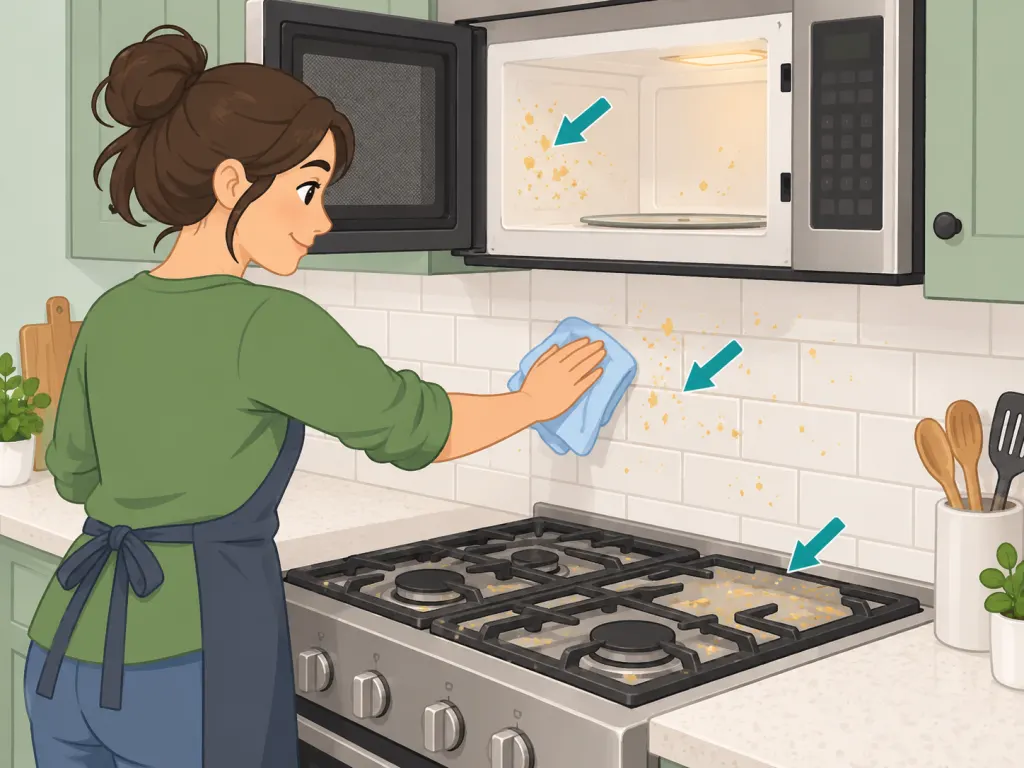 Person wiping greasy kitchen surfaces that hold cooking smells.