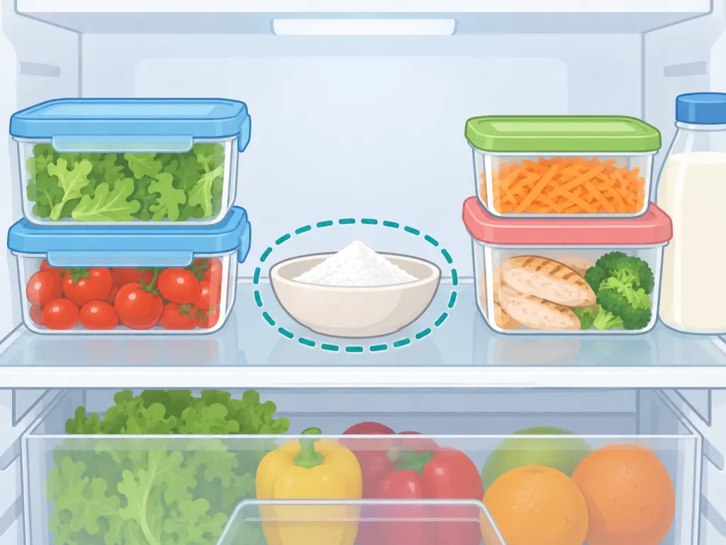 Open bowl of baking soda placed in a clean refrigerator to absorb lingering odor.