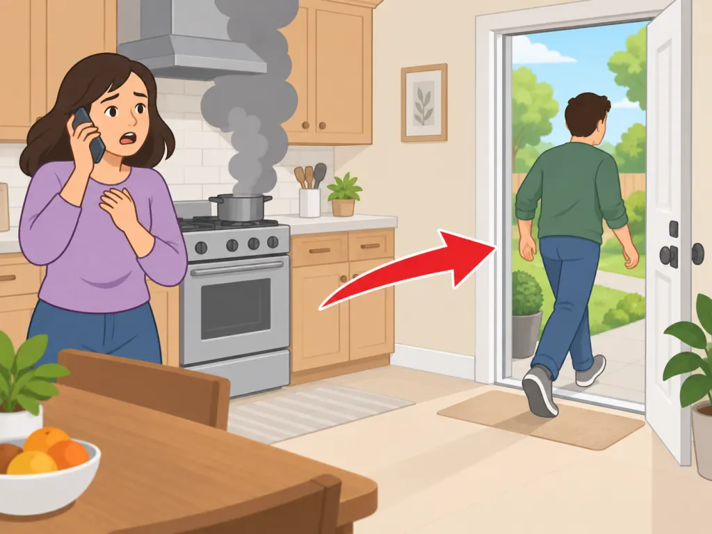 Person moving to fresh air and seeking help when a kitchen odor causes symptoms or seems unsafe.