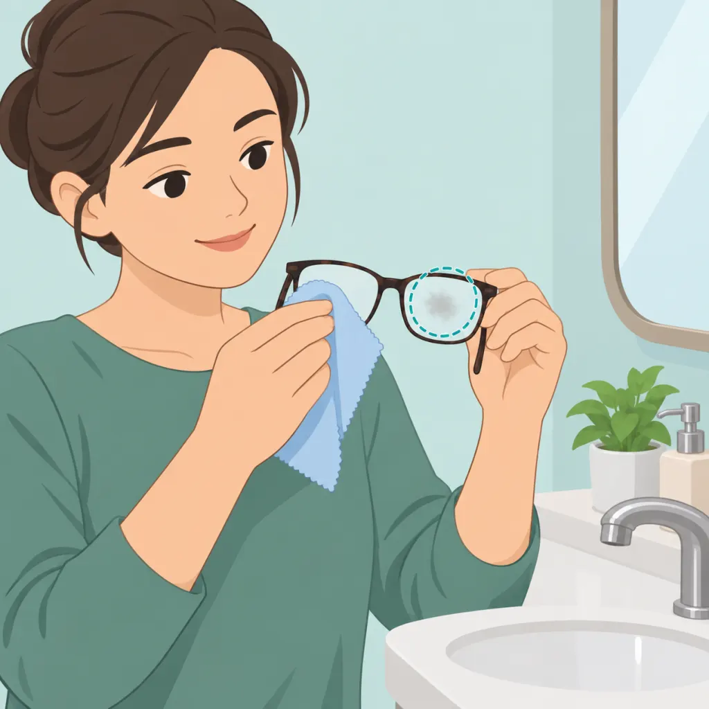 Person gently cleaning dull spots from eyeglasses with a microfiber cloth.