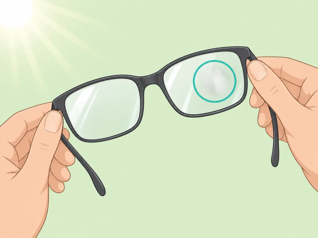 Hands inspecting eyeglass lenses under light for a dull spot.