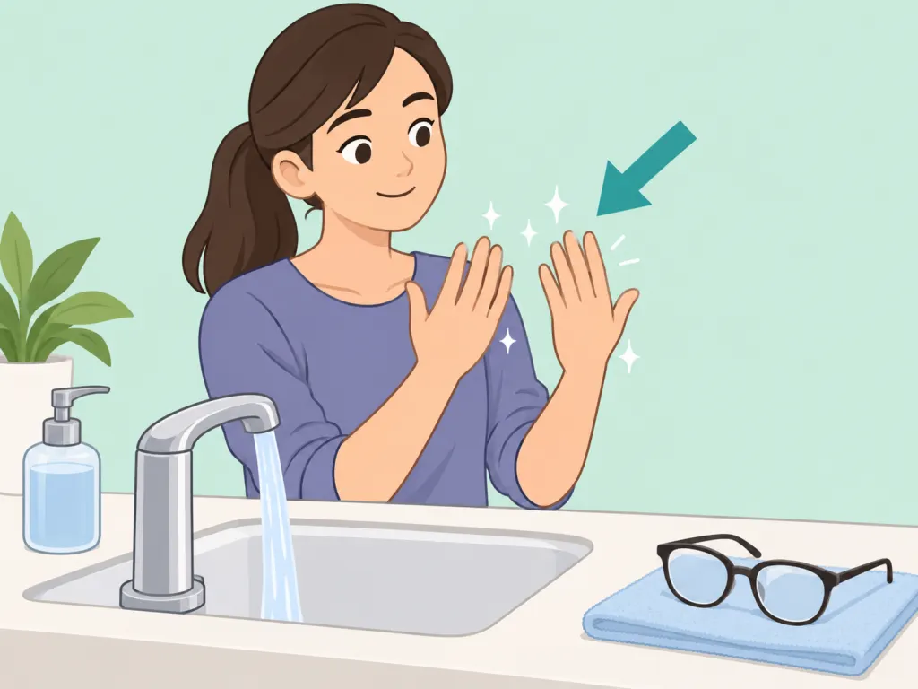 Person washing hands before cleaning eyeglasses.